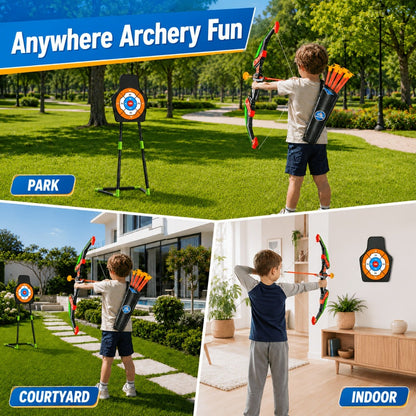 Kids Bow and Arrow Archery Set 10 Suction Cup Arrows Quiver Standing Target Safe Outdoor Toy Boys Girls Ages 3+ Birthday Christmas Holiday Gift Young Archers Green