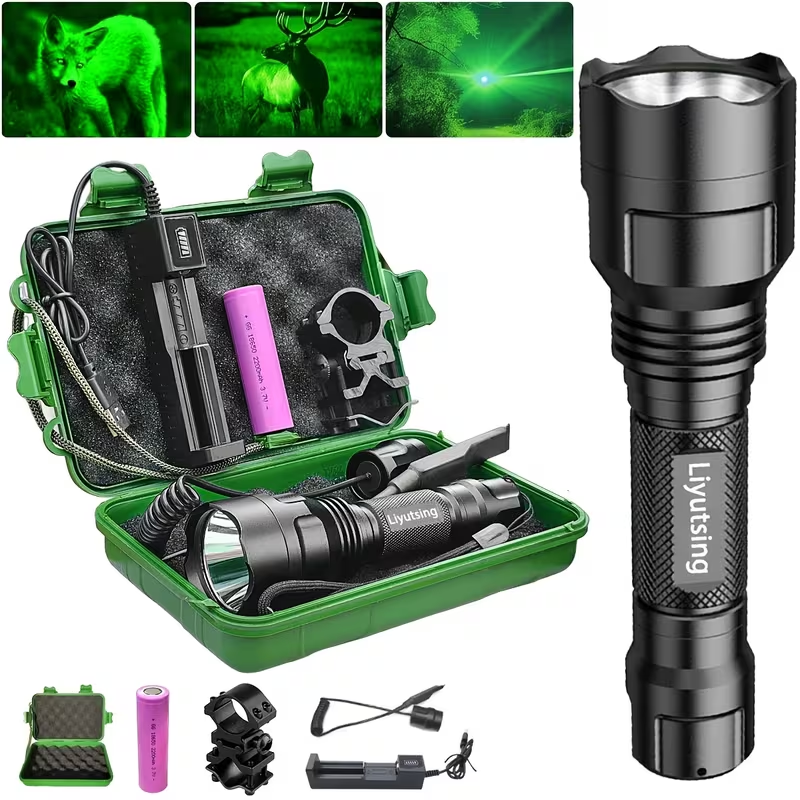 Night Hunting Flashlight with Remote Control Switch – 350 Yards High Power Green Red White Light, 18650 Rechargeable, Multiple Mounts for Hunting, Fishing, Camping & Beekeeping, Best Gift for Men