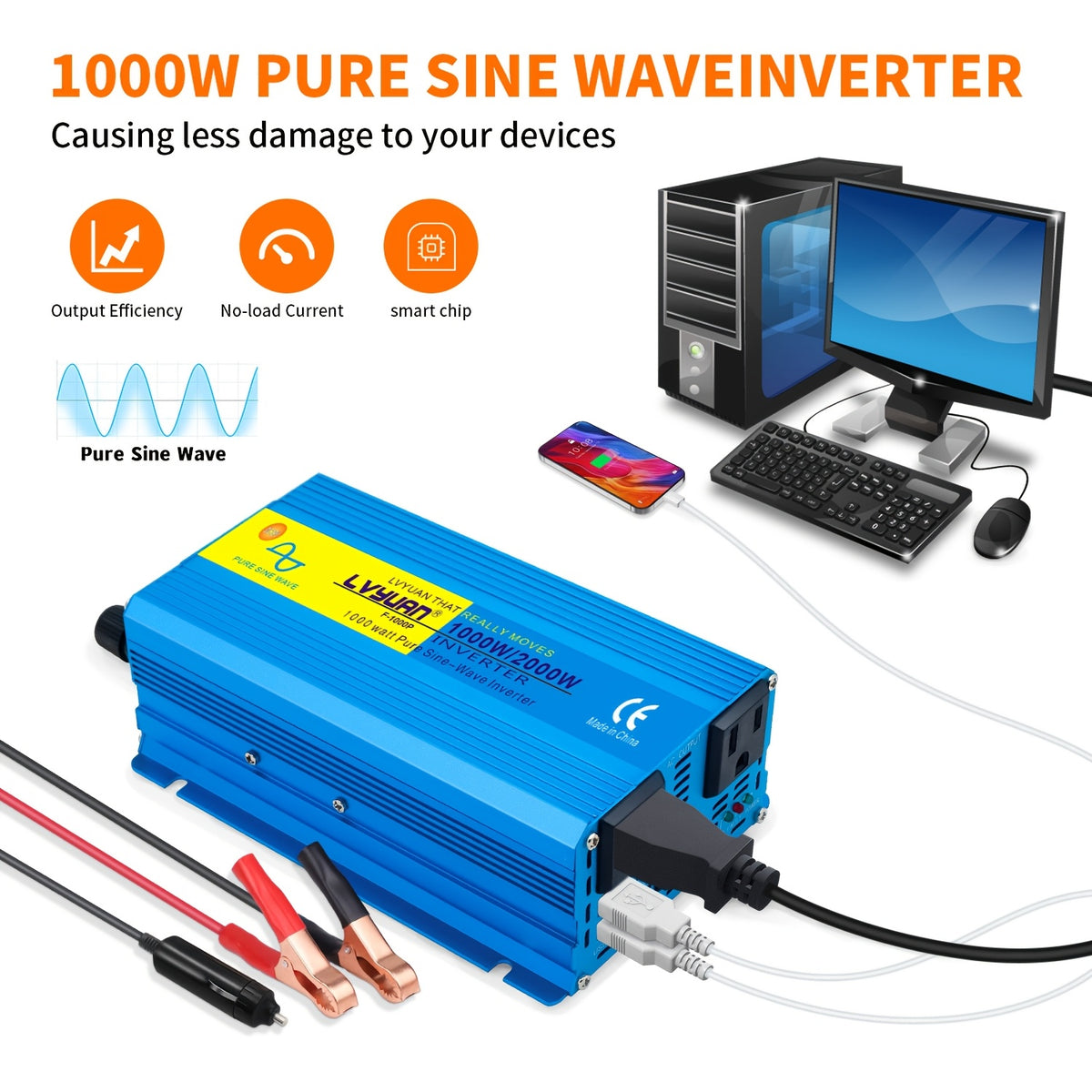 LVYUAN 6000W Pure Sine Wave Power Inverter, 1000W/2000W Pure Sine Wave Inverter, 12V to 110V AC Power Inverter with 2 US Sockets, Dual USB Ports (3.1A), for Car, Home, RV, Gift