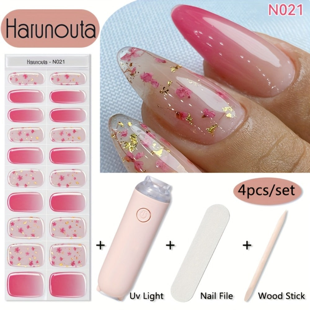Semi Cured Gel Nail Strips Kit with Handheld LED Nail Lamp — 20 Real Gel Nail Stickers Wraps for DIY Nail Art Manicure at Home, Glitter & Flower Designs, Easy Apply Long-Lasting Chip-Resistant Gel Finish