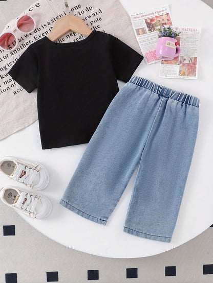 Girls' Denim Outfit Set - Short Sleeve Spring