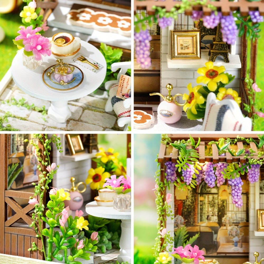DIY Wooden Tiny House Kit with Dust Cover – Handmade Miniature Dollhouse Puzzle, 3 Themes Afternoon Tea Rotating Food House Moon Magic, Creative Home Decor Gift for Adults & Teens Birthday Christmas