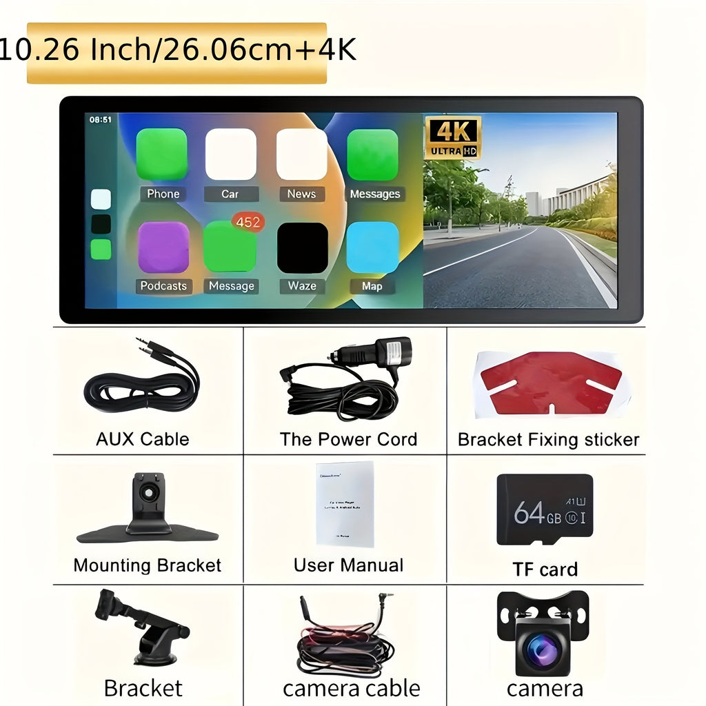 10.26" HD Wireless Car Stereo Compatible with Carplay & Android Auto, Featuring a Portable Touch Screen for Vehicles, 4K Dash Cam, 1080P Backup Camera, Google, Siri, Mirror Link, GPS Navigation, Aux, FM Transmitter