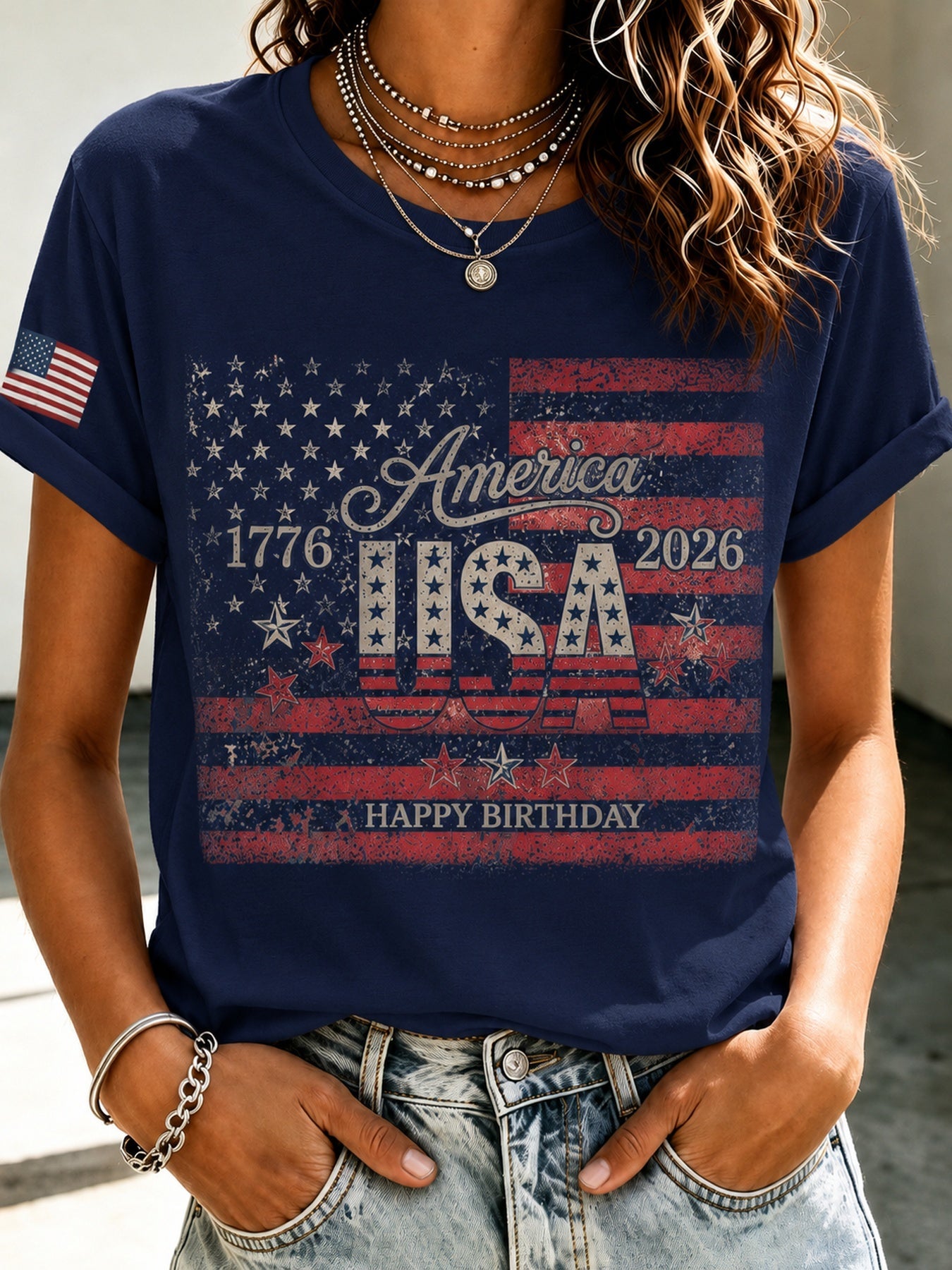 Men's Patriotic T-Shirt - Round Neck Short Sleeve Streetwear Style