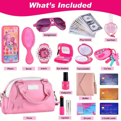 Pink Princess Play Purse Set for Girls – Pretend Makeup Handbag with Phone, Lipstick, Keys & Crossbody Bag, Safe No-Mess Toy, Birthday Christmas Gift for Girls Ages 3+