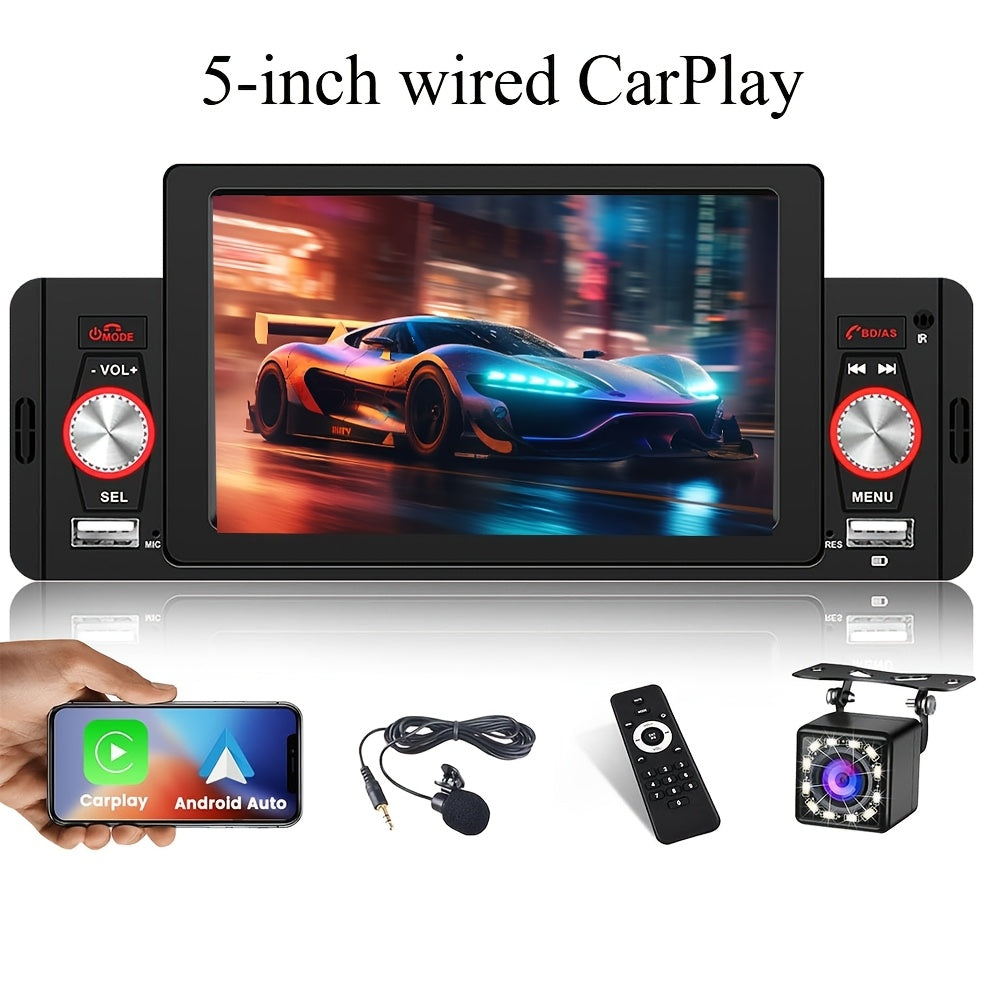 5.1 Inch Wireless Carplayer Car Stereo Single Din Touch Screen Car Radio with Wireless, Wireless Android Auto Mirror Link AM FM EQ SWC, Car Audio Receiver with USB/TF/AUX-in, Mic, Backup Cam