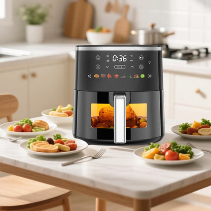 Air Fryer 6QT with 8 Preset Functions, Visible Window, Adjustable Temperature & Timer – Large Capacity Oil-Free Cooker for Crispy Fries, Chicken, Vegetables & More, Easy to Clean Home Kitchen