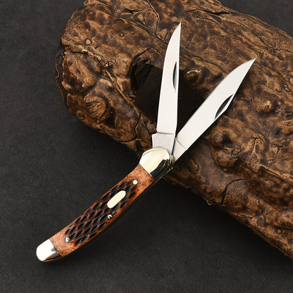 Folding Pocket Knife Handcrafted Multi-Tool with White Copper Finish, Wood Grain & Cow Bone Handle – Portable EDC Blade for Camping, Hunting & Everyday Carry, Best Gift for Men