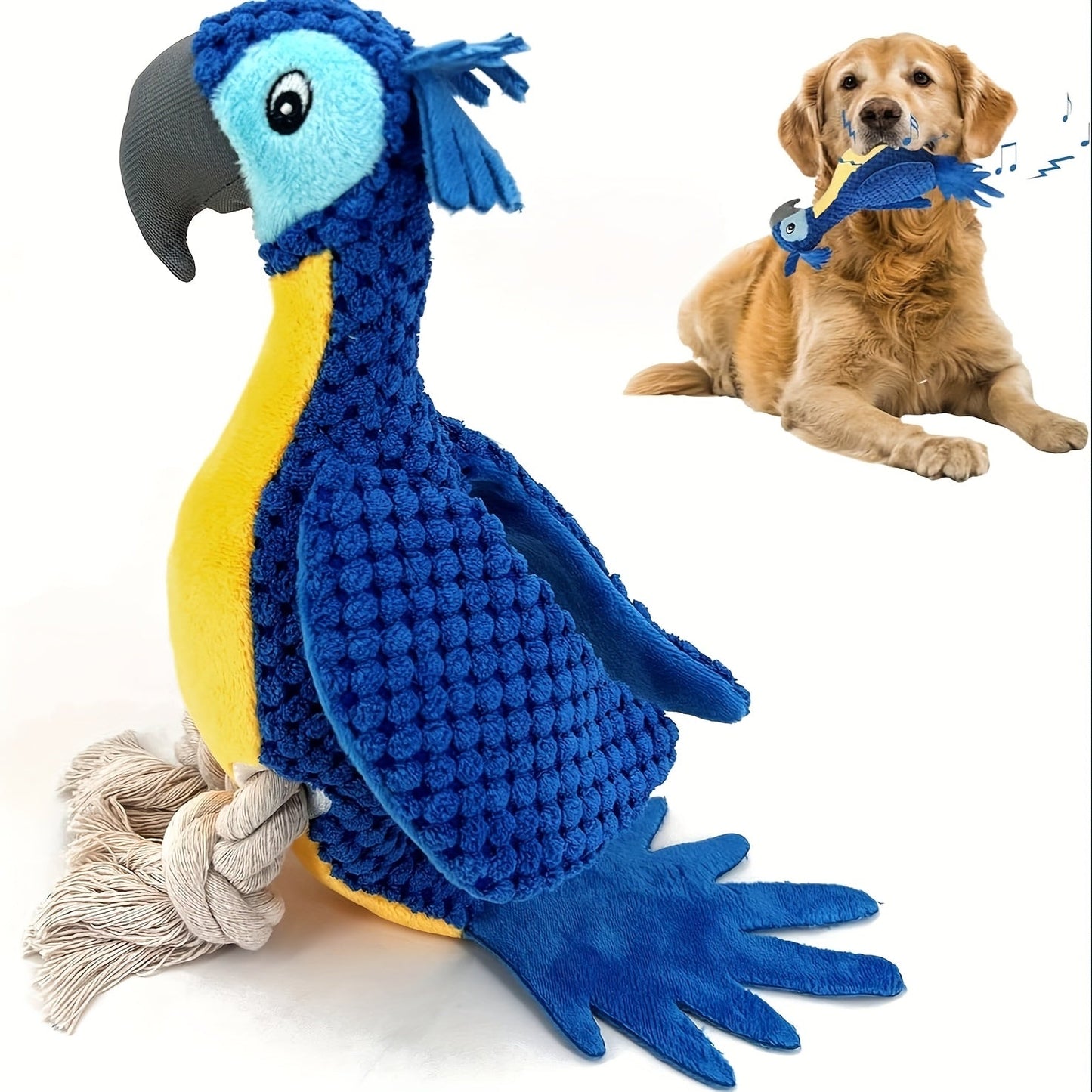 Squeaky Dog Toy Plush Parrot with Rope Interactive Chew Toy Soft Durable Stuffed Animal for Teething Puppies Small Medium Large Dogs All Breeds