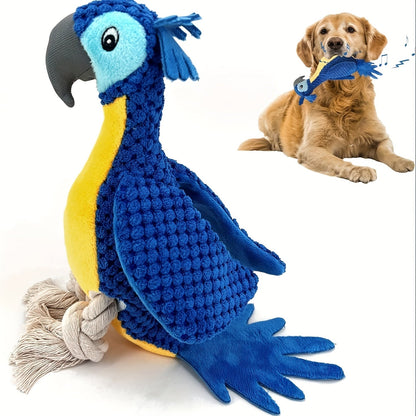 Squeaky Dog Toy Plush Parrot with Rope Interactive Chew Toy Soft Durable Stuffed Animal for Teething Puppies Small Medium Large Dogs All Breeds