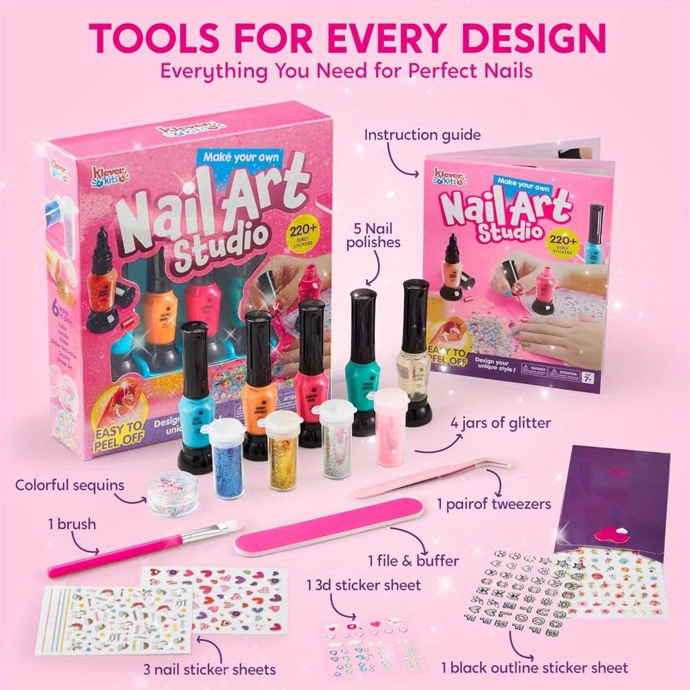 Kids Nail Art Kit for Girls – Non-Toxic Nail Polish Set with Glitter Stickers & Sequins 220+ Designs – Complete Children Nail Studio Creative Gift for Ages 7+ Birthday Christmas Sleepover Spa Party