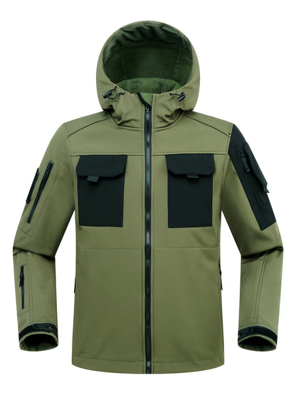 Men's Tactical Softshell Jacket - Hooded Multi-Pocket Windbreaker