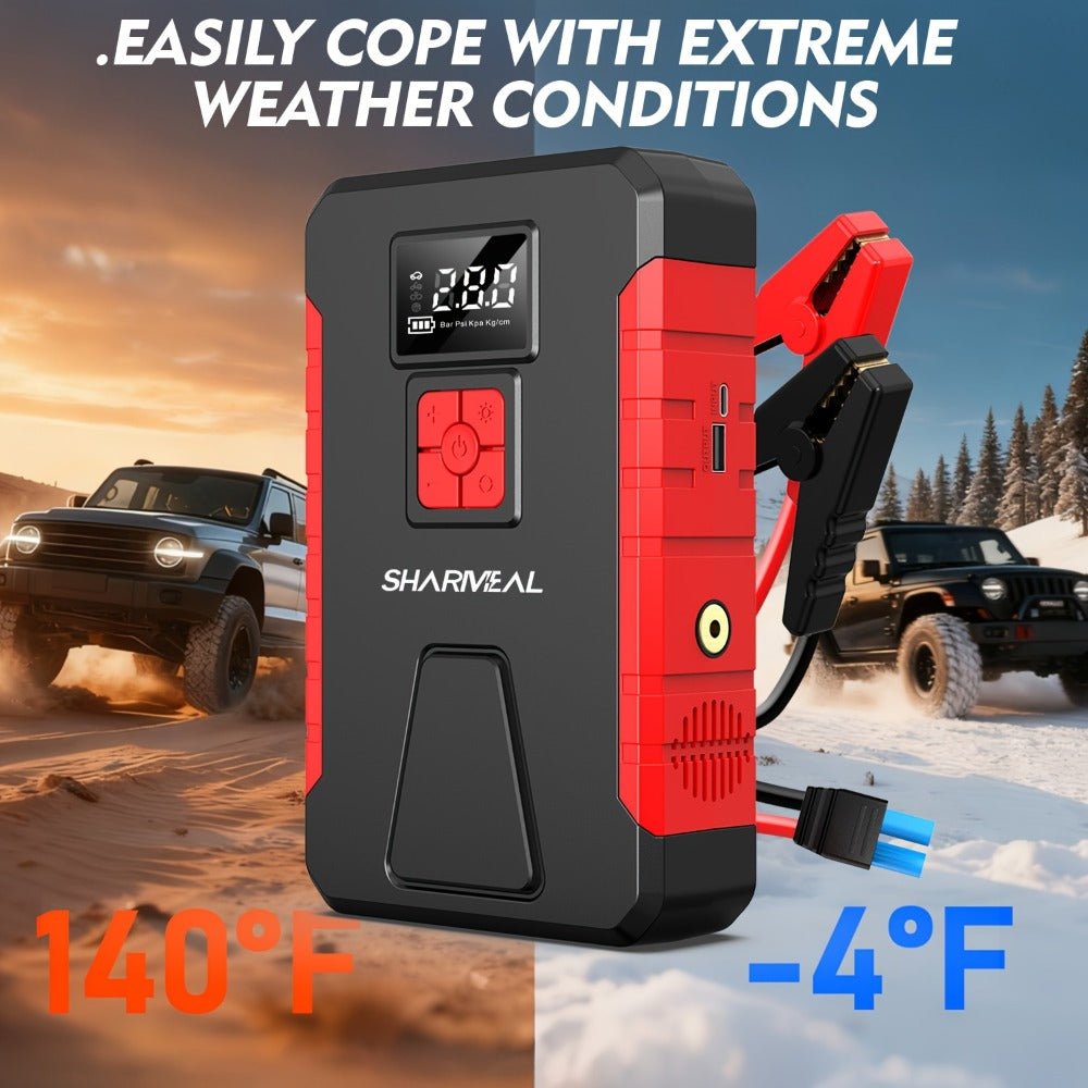 Portable Jump Starter with Air Compressor – 15000A-19000A Peak 350PSI 12V 17-in-1 Car Battery Jump Starter, Digital Display, LED Light & Smart Clamp for Cars Trucks SUVs