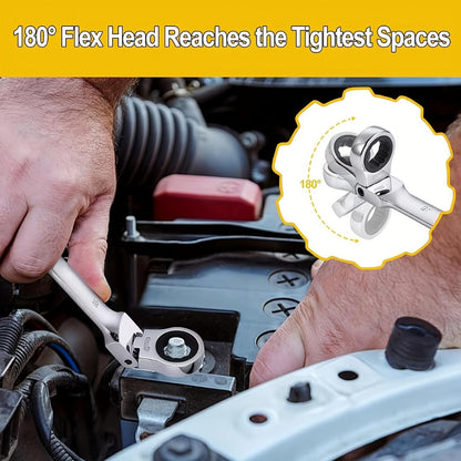 Wrench Set 10-Piece Multi-Function – 8 Hex Wrenches, Flare Wrench & 10mm Ratchet Wrench, Chrome Vanadium Steel, 180° Rotating Double-Ended 72-Tooth Precision Gear Design