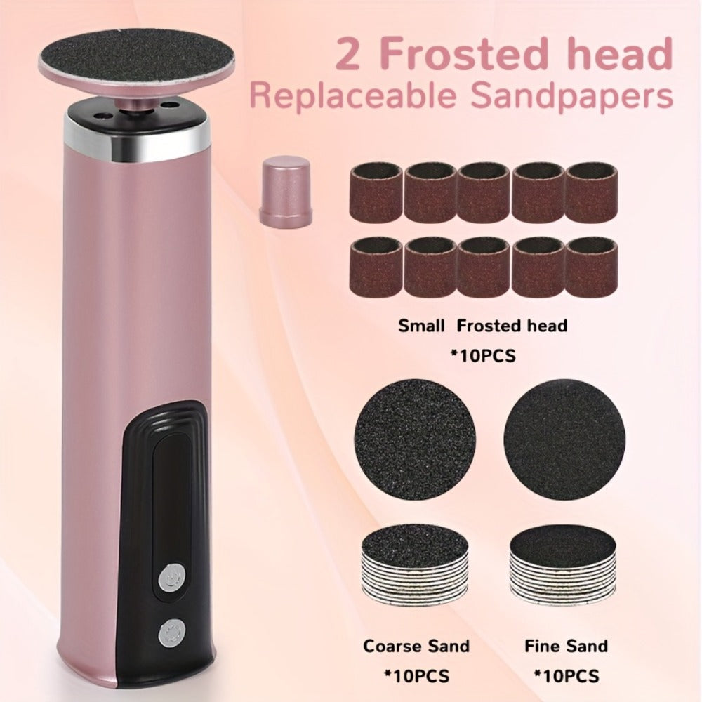 Rechargeable Electric Foot File & Callus Remover 2-in-1 with 2 Sanding Heads & 10 Replacement Sandpaper Pads Adjustable Speed USB Portable Pedicure Tool for Dry Dead Skin Cracked Heels Women Pink