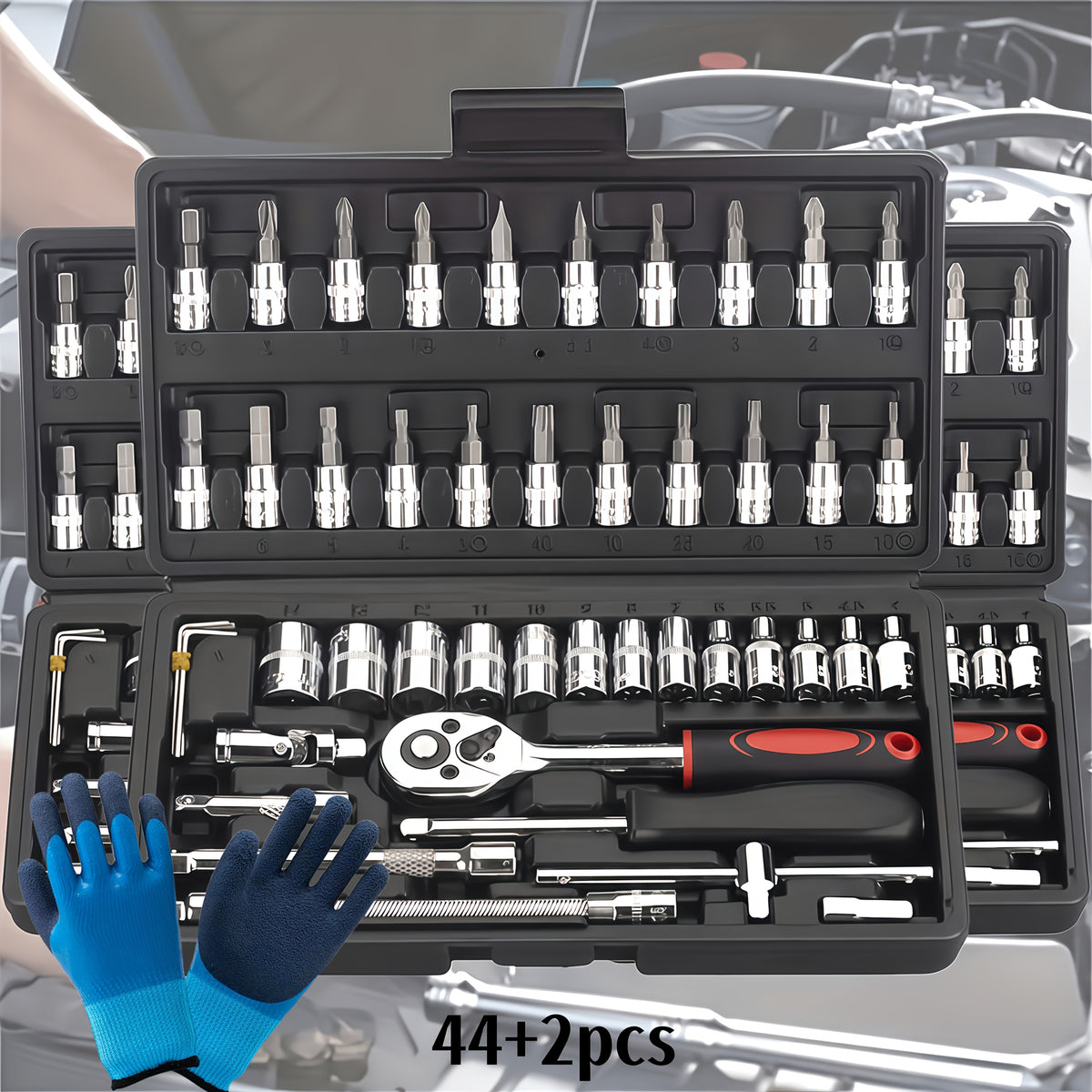 High-end Professional 43+3/44+2/51+1pc Of Tools, Car/icycle Repair Mechanical Set, Including 1/2 Inch 1/4 Inch 3/8 Inch Ratchet Socket Hex Wrench And Other Car Repair Accessories Tool Set, Suitable for Car Level Car Parts Repair.