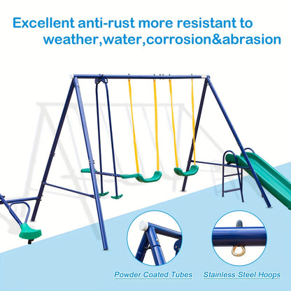 Heavy Duty A-Frame Metal Swing Set for Backyard with 2 Swings Slide Glider Seesaw Disc Seat Outdoor Playset for Kids Toddlers Backyard Play Structure