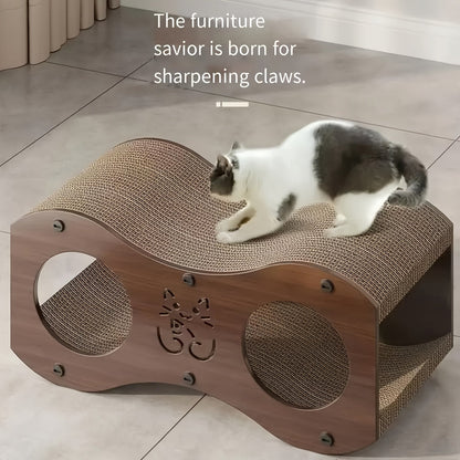 Cat Scratching Post with Integrated Cat Bed - Sturdy Walnut Wood Base, 4-Season Woven Scratch Pad, Indoor Cat Scratcher Lounge for Scratching, Lounging & Play, Oak Color with Optional Cat Toy