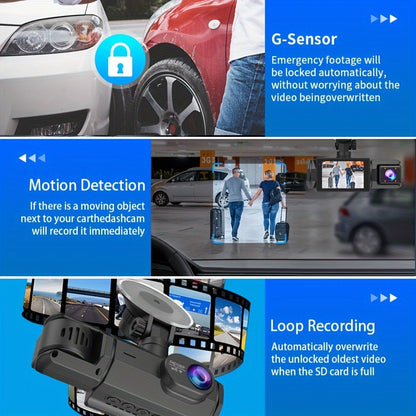 Dash Cam 3-Channel Front Inside Rear – 1080P 170° Wide Angle WiFi Night Vision Loop Recording G-Sensor with 2" IPS Screen & 32GB Card