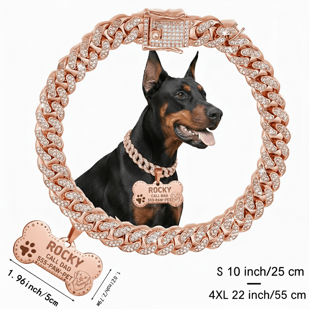 Custom Dog Collar Cuban Chain with Engravable Pet ID Tag – Personalized Name & Phone Number Plate for Small Medium Large Dogs & Cats, Sizes S to 4XL, Golden Silver Rose Gold Gift