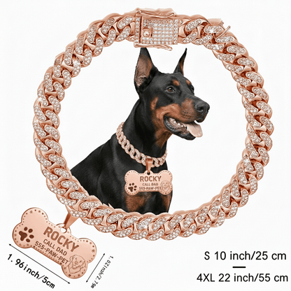 Custom Dog Collar Cuban Chain with Engravable Pet ID Tag – Personalized Name & Phone Number Plate for Small Medium Large Dogs & Cats, Sizes S to 4XL, Golden Silver Rose Gold Gift