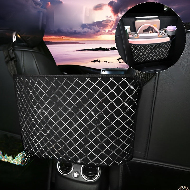 Rhinestone Car Seat Back Organizer & Purse Holder – Bling Crystal Handbag Hanger for Women, Pet Barrier for Dogs & Kids, Universal SUV Truck Car Accessories Gift for Girls