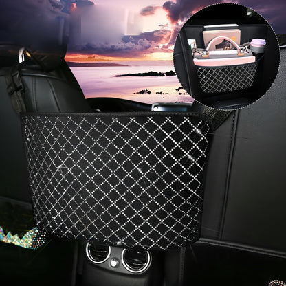 Rhinestone Car Seat Back Organizer & Purse Holder – Bling Crystal Handbag Hanger for Women, Pet Barrier for Dogs & Kids, Universal SUV Truck Car Accessories Gift for Girls