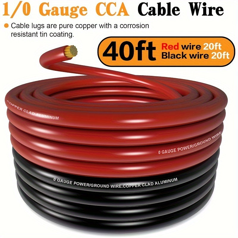 1/0 Gauge Copper-Clad Aluminum (CCA) Wire, (20ft Red + 20ft Black), (25ft Black + 25ft Red), with 20 Terminals, 20 Heat-shrink Tubes, And 1 Fuse Box; Battery Power/ground Cables, Car Audio Speakers, RV/trailer Amp Wiring Kits