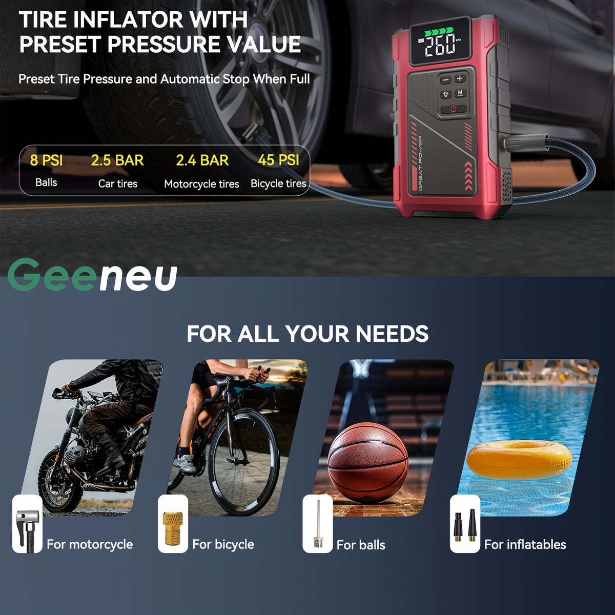 9-in-1 Portable Jump Starter with Air Compressor, 12V Car Battery Jump Starter, Portable Car Battery Charger, Fits 2.11gal Gas/ 1.72gal Diesel Fast Car Starting, USB Input & Output, LED Emergency Light, Auto Accessory Tool, Christmas Gift