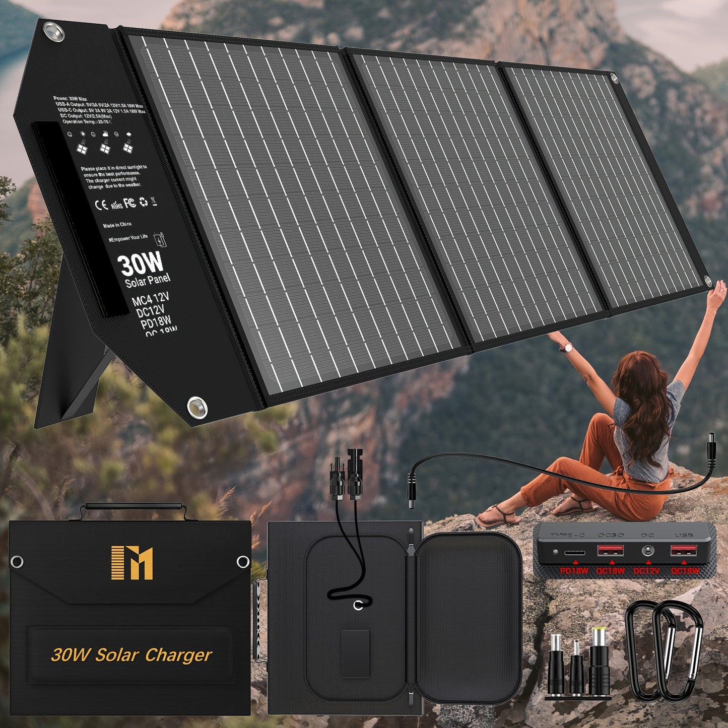 [Portable Solar Charger] Camping Essential 30W/60W/100W Portable Solar Charger With 18V MC4, 2*USB-A QC3.0, And USB-C PD18W Ports