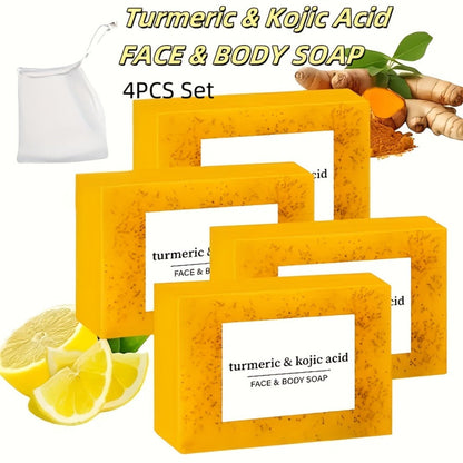 Kojic Acid Soap Bar 4 Pack with Foaming Mesh Net — Turmeric Brightening Deep Cleansing Oil Control Moisturizing Natural Face Body Soap for Women All Skin Types, Skincare Gift Set