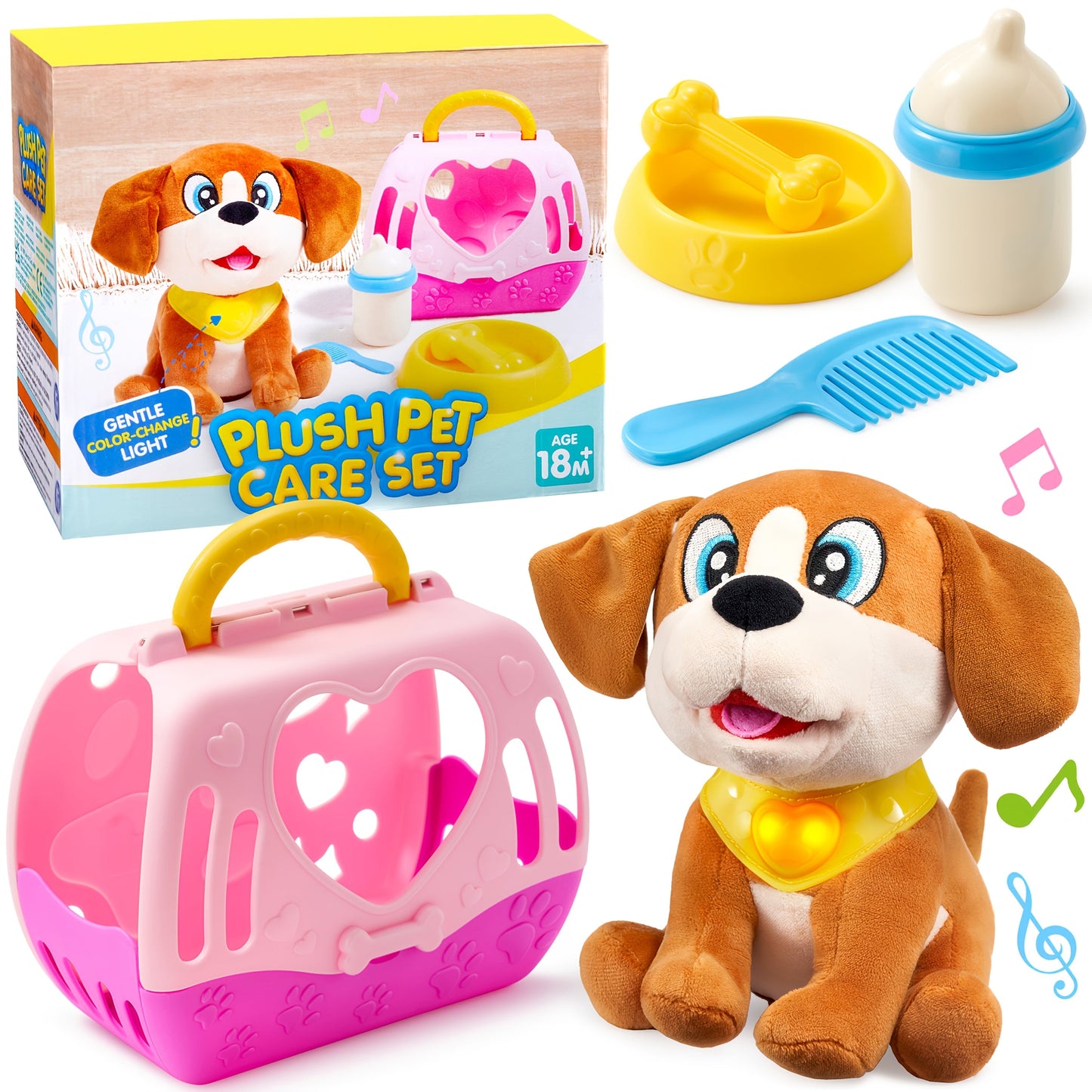 Interactive Plush Dog Toy for Toddlers with Carrier Set Music Lights Sounds Soft Breathing Glow Puppy Pet Toy with Accessories Birthday Gift for Girls 18 Months 2 3 Year Old