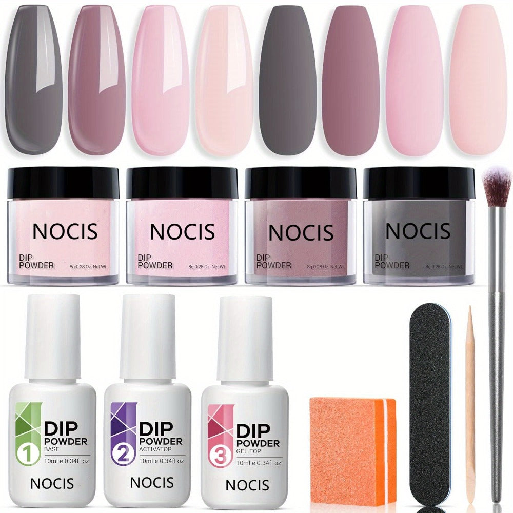 11-Piece Dip Powder Nail Kit Nude Grey Pink — 4 Colors Complete Dipping Set with Base Coat Activator Top Coat Nail Tools No Lamp French Manicure Gift for Women