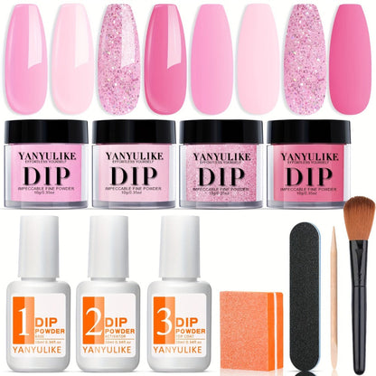 Pink Glitter Dip Powder Nail Starter Kit 4 Shades with Base Coat Top Coat & Activator – No Lamp Needed French Manicure Home Manicure Gift for Women Mothers Day