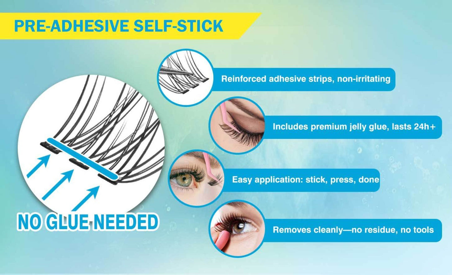 Pre-Glued Wispy Press-On Lash Clusters Kit with 2 Tweezers — Self-Adhesive No Glue Needed, Natural & Thick Fluffy Volume, Reusable Beginner-Friendly Individual Cluster Eyelashes for Daily Wear