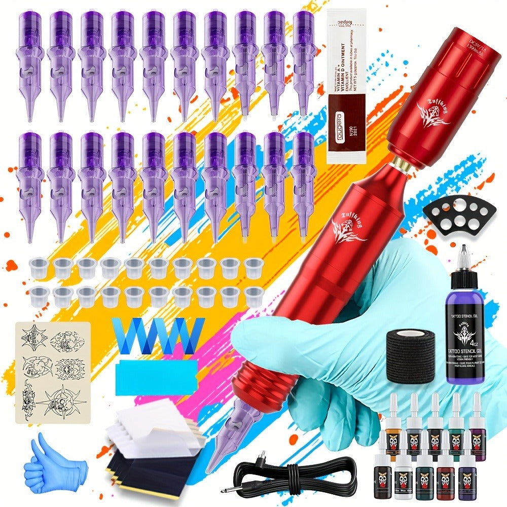 Rotary Tattoo Machine Kit 67pcs – Complete Wireless Tattoo Pen Set with Cartridge Needles, Power Supply, Practice Skin, Inks & Transfer Paper for Beginners & Artists