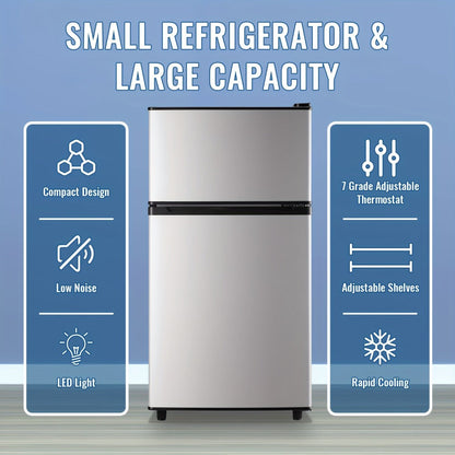 Small Fridge with Freezer, 2-Door Compact Refrigerator with 7-Level Adjustable Thermostat, Removable Shelves & Basket – 2.5 or 3.5 Cu Ft Silver Mini Fridge for Dorm, Office, RV and Bedroom