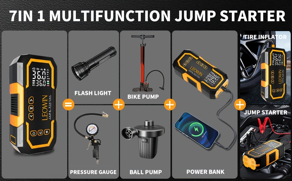 Portable Car Battery Jump Starter with Air Compressor, 12V Battery Booster Pack (9.0 Gas/1.72gal Diesel) with 150PSI Auto-Shutoff Tire Inflator, Jump Box with Smart Clamps, Jumper Cables, USB Input/output, LED Emergency, Car Accessories Tools