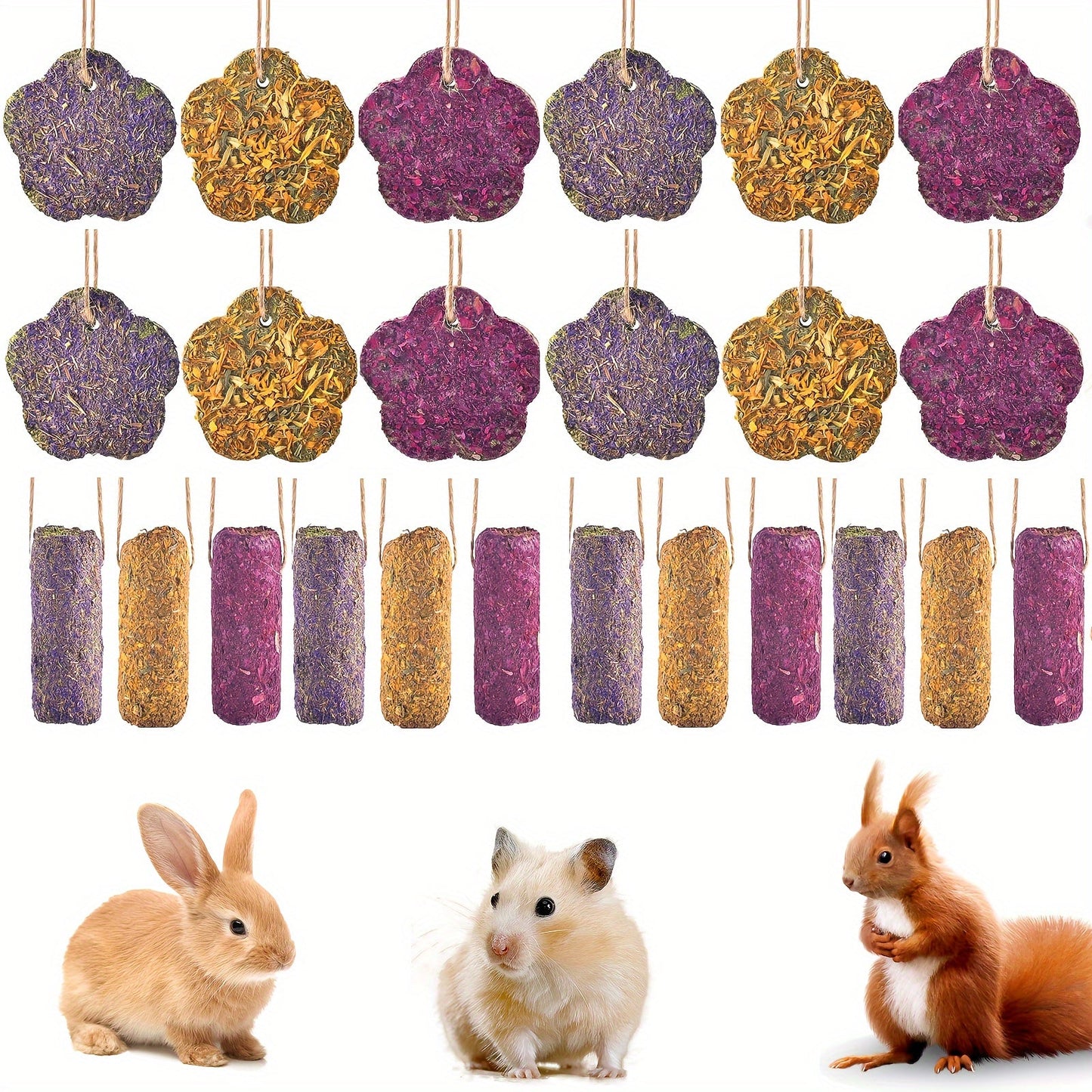 Rabbit Chew Sticks 24 PCS - Timothy Hay Molar Snack Toy with Carrot & Strawberry Flavors for Bunnies, Chinchillas, Guinea Pigs, Hamsters & Small Pets, Hanging Chew Cakes Included