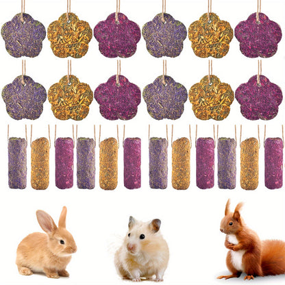 Rabbit Chew Sticks 24 PCS - Timothy Hay Molar Snack Toy with Carrot & Strawberry Flavors for Bunnies, Chinchillas, Guinea Pigs, Hamsters & Small Pets, Hanging Chew Cakes Included