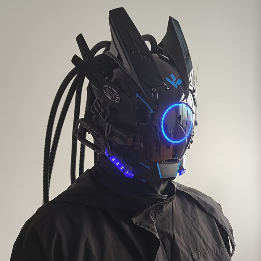 LED Punk Mask with Tubular Braids & Helmet – Futuristic Sci-Fi Mechanical Cosplay Mask for Halloween, Rave Music Festival & Party, Blue Green Pink, Handmade TPU PC Unisex Adult Costume Prop