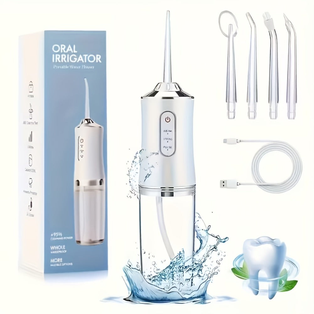 Electric Oral Irrigator Water Flosser with 360° Rotating Nozzle & Precision Pressure Control — Deep Cleans Teeth & Gums, Replaceable Heads, USB Rechargeable, 4 Colors, Home & Travel