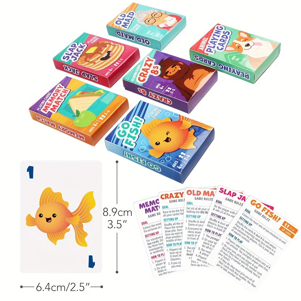 Kids Card Games 6 in 1 Set with 6 Decks Go Fish Old Maid Crazy Eights Memory Match Slap Jack Animal Cards for Ages 4+ Family Game Night Birthday Christmas Stocking Stuffer