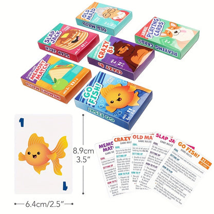 Kids Card Games 6 in 1 Set with 6 Decks Go Fish Old Maid Crazy Eights Memory Match Slap Jack Animal Cards for Ages 4+ Family Game Night Birthday Christmas Stocking Stuffer