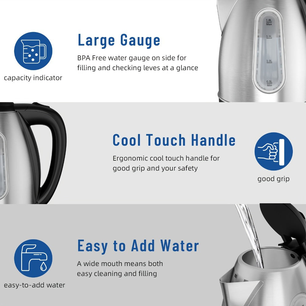 Electric Kettle 1200W Fast Boiling 1.8L Stainless Steel BPA-Free Auto Shut-Off Boil-Dry Protection 360 Swivel Base for Coffee Tea Kitchen Camping Office Home