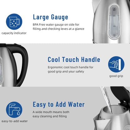 Electric Kettle 1200W Fast Boiling 1.8L Stainless Steel BPA-Free Auto Shut-Off Boil-Dry Protection 360 Swivel Base for Coffee Tea Kitchen Camping Office Home