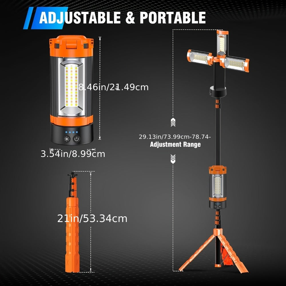 Rechargeable Camping Light 12000mAh with 79 Inch Detachable Tripod Stand – Dimmable 3-Head LED Work Light, Magnetic Base, Cordless Emergency Flashlight for Camping Jobsite Outdoor Power Outage