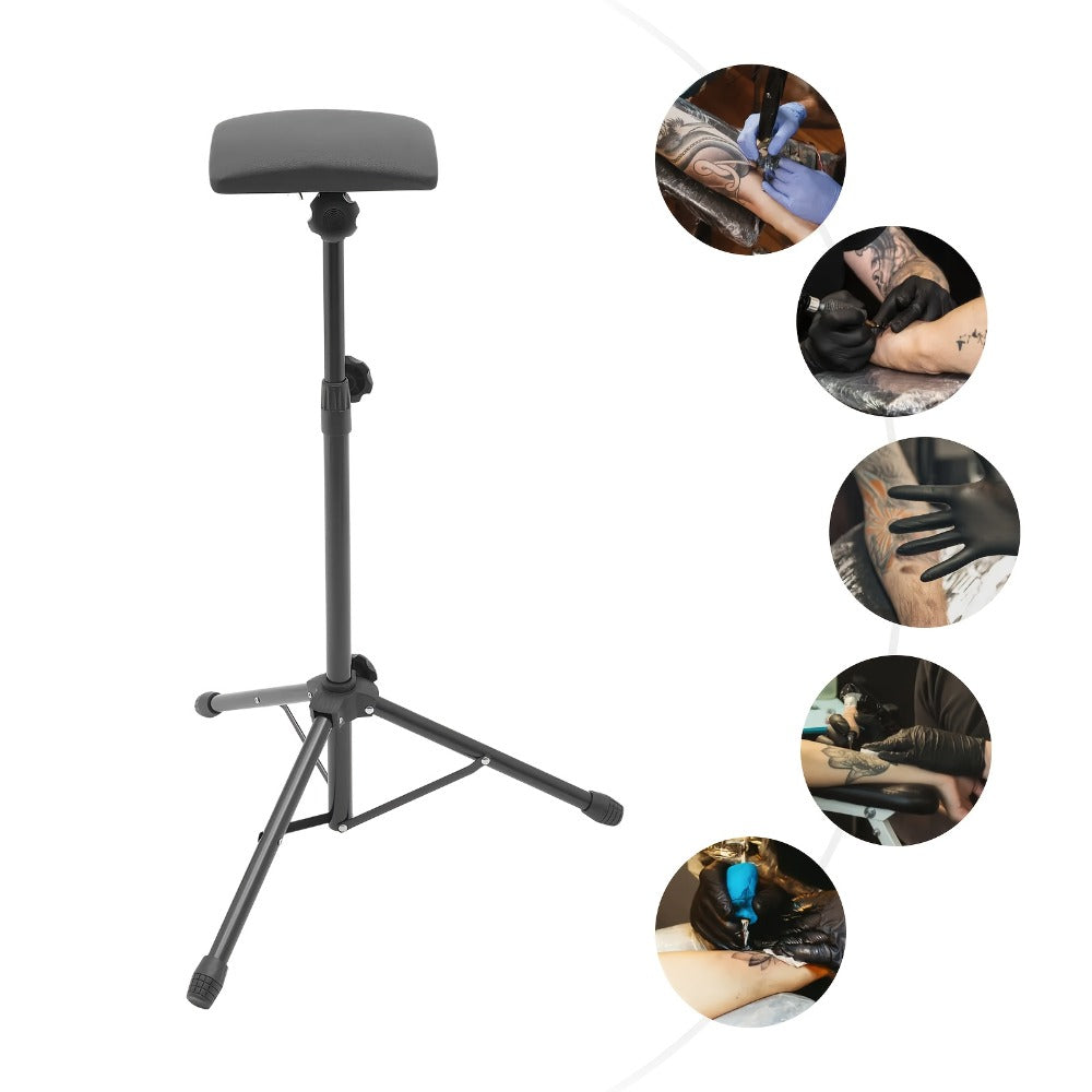 Tattoo Armrest Stand Adjustable Tripod with 15 Disposable Pads & 10 Gloves — 180° PU Padded Arm Leg Rest Portable Collapsible Support for Tattoo Studio Salon & Beginners
