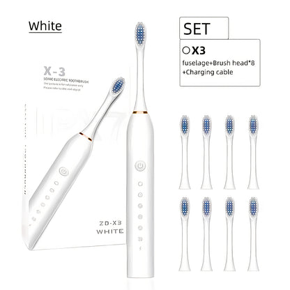 Rechargeable Electric Toothbrush 6 Cleaning Modes with 8 Brush Heads - USB Charge, Soft Bristles, Portable for Travel & Home Use, Oral Care Toothbrush for Men & Women - Black / White / Pink