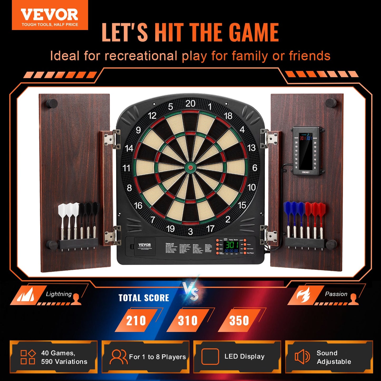 Electronic Dartboard Cabinet Set with LED Scoring – 13.5" Soft Tip, 40 Games 590 Variations, Retro Wood Cabinet, 1-8 Players, 12 Darts & All Accessories Included